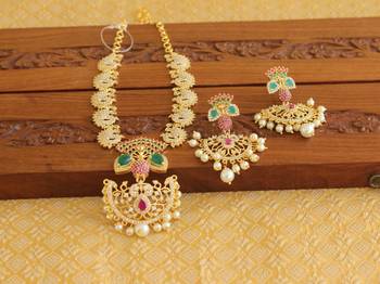 Gold platted ruby cz peacock pearl short necklace set 2