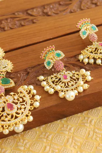 Gold platted ruby cz peacock pearl short necklace set