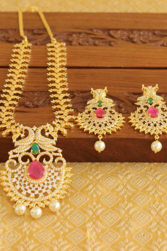 Gold platted ruby cz peacock pearl short necklace set
