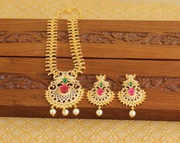 Gold platted ruby cz peacock pearl short necklace set 2