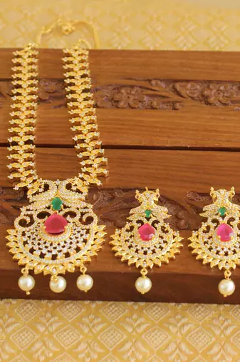 Gold platted ruby cz peacock pearl short necklace set