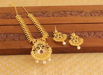 Gold platted ruby cz peacock pearl short necklace set 4