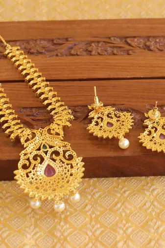 Gold platted ruby cz peacock pearl short necklace set