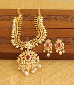 Gold platted ruby cz pearl short necklace set