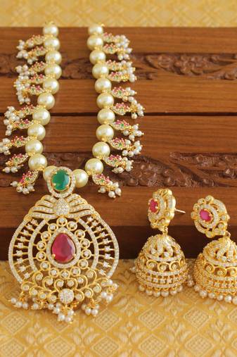 Gold platted ruby cz pearl short necklace set