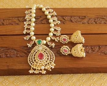 Gold platted ruby cz pearl short necklace set 2