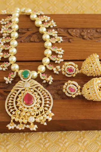 Gold platted ruby cz pearl short necklace set