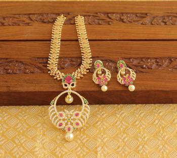 Gold platted ruby cz pearl short necklace set 1