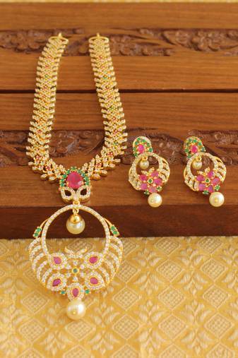 Gold platted ruby cz pearl short necklace set