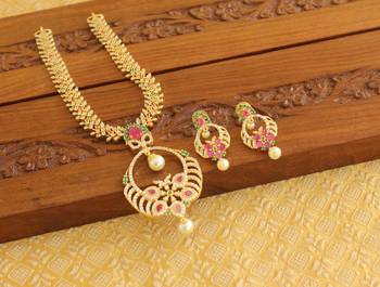 Gold platted ruby cz pearl short necklace set 2