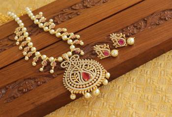 Gold platted ruby cz pearl short necklace set 2