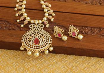 Gold platted ruby cz pearl short necklace set 3