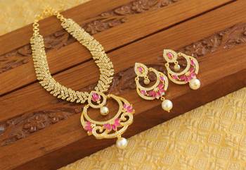 Gold platted ruby cz pearl short necklace set 3