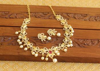 Designer gold platted ruby cz pearl short necklace set 1