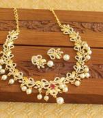 Designer gold platted ruby cz pearl short necklace set