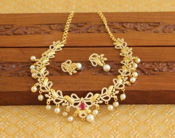 Designer gold platted ruby cz pearl short necklace set 2
