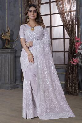 Lavender Sequence Embroidered Border Georgette Wedding Saree With Blouse Piece 1