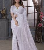 Lavender Sequence Embroidered Border Georgette Wedding Saree With Blouse Piece