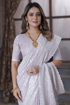 Lavender Sequence Embroidered Border Georgette Wedding Saree With Blouse Piece 2
