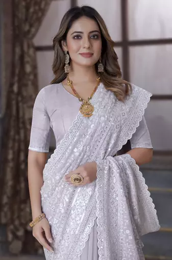 Lavender Sequence Embroidered Border Georgette Wedding Saree With Blouse Piece
