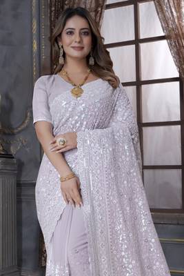 Lavender Sequence Embroidered Border Georgette Wedding Saree With Blouse Piece 3