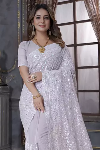 Lavender Sequence Embroidered Border Georgette Wedding Saree With Blouse Piece