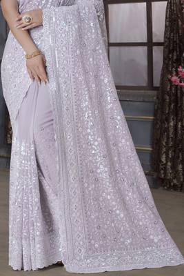 Lavender Sequence Embroidered Border Georgette Wedding Saree With Blouse Piece 4