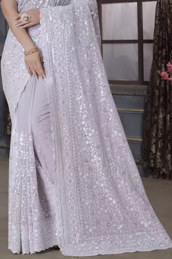 Lavender Sequence Embroidered Border Georgette Wedding Saree With Blouse Piece
