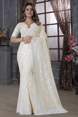 Yellow Sequin Embroidered Border Georgette Wedding Saree With Blouse Piece 1