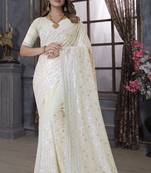 Yellow Sequin Embroidered Border Georgette Wedding Saree With Blouse Piece