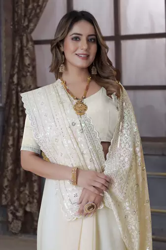 Yellow Sequin Embroidered Border Georgette Wedding Saree With Blouse Piece