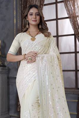Yellow Sequin Embroidered Border Georgette Wedding Saree With Blouse Piece 3