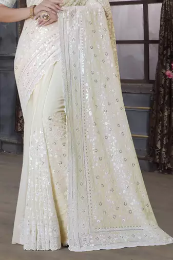 Yellow Sequin Embroidered Border Georgette Wedding Saree With Blouse Piece