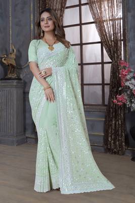 Green Sequin Embroidered Border Georgette Wedding Saree With Blouse Piece 1