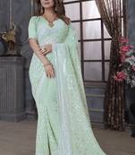 Green Sequin Embroidered Border Georgette Wedding Saree With Blouse Piece