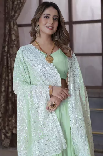 Green Sequin Embroidered Border Georgette Wedding Saree With Blouse Piece