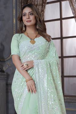 Green Sequin Embroidered Border Georgette Wedding Saree With Blouse Piece 3