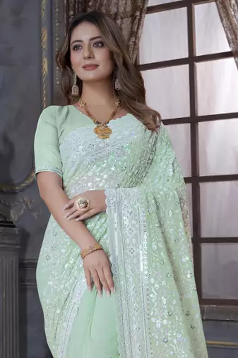Green Sequin Embroidered Border Georgette Wedding Saree With Blouse Piece