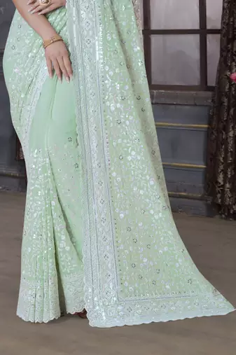 Green Sequin Embroidered Border Georgette Wedding Saree With Blouse Piece