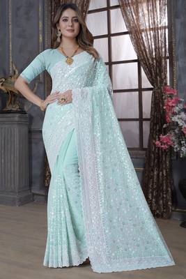 Sea Green Sequin Embroidered Border Georgette Wedding Saree With Blouse Piece 1