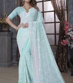 Sea Green Sequin Embroidered Border Georgette Wedding Saree With Blouse Piece