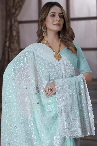 Sea Green Sequin Embroidered Border Georgette Wedding Saree With Blouse Piece