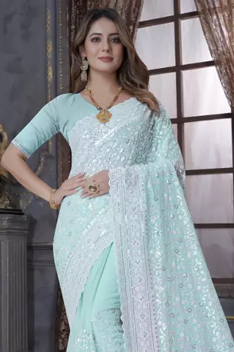 Sea Green Sequin Embroidered Border Georgette Wedding Saree With Blouse Piece