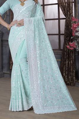 Sea Green Sequin Embroidered Border Georgette Wedding Saree With Blouse Piece 4