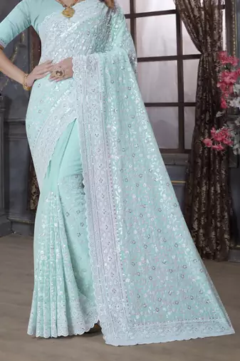 Sea Green Sequin Embroidered Border Georgette Wedding Saree With Blouse Piece