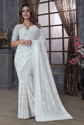 Off White Sequin Embroidered Border Georgette Wedding Saree With Blouse Piece 1