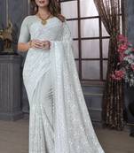Off White Sequin Embroidered Border Georgette Wedding Saree With Blouse Piece