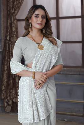 Off White Sequin Embroidered Border Georgette Wedding Saree With Blouse Piece 2