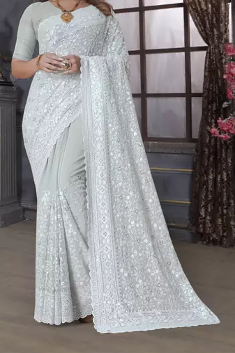 Off White Sequin Embroidered Border Georgette Wedding Saree With Blouse Piece