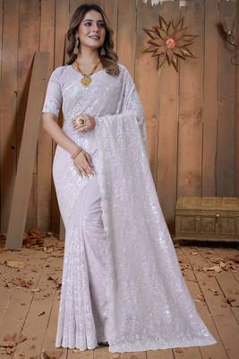 Lavender Sequin Embroidered Border Georgette Wedding Saree With Blouse Piece 1